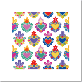 Mexican colorful cute sacred heart adorable folk art kawaii dopamine dressing design Posters and Art